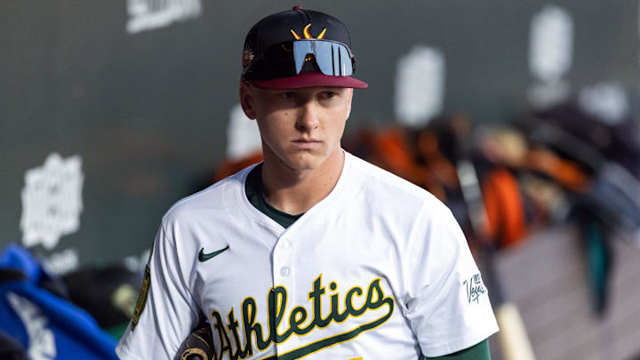 Nov 9, 2025; Mesa, AZ, USA; Oakland Athletics outfielder Ryan Lasko during the Arizona Fall League Fall Stars Game at Sloan Park. Mandatory Credit: Mark J. Rebilas-Imagn Images