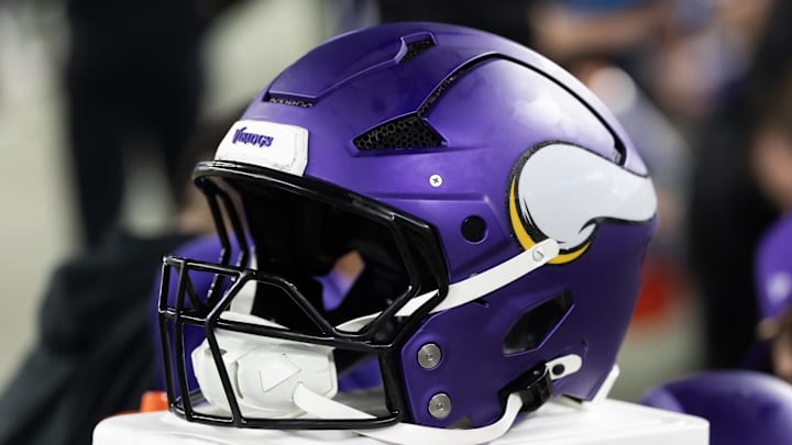 Jan 13, 2025; Glendale, AZ, USA; Detailed view of a Minnesota Vikings helmet during an NFC wild card game at State Farm Stadium. Mandatory Credit: Mark J. Rebilas-Imagn Images
