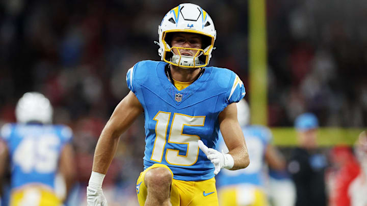 Los Angeles Chargers wide receiver Ladd McConkey during the warm-up before an NFL game at Corinthians Arena.