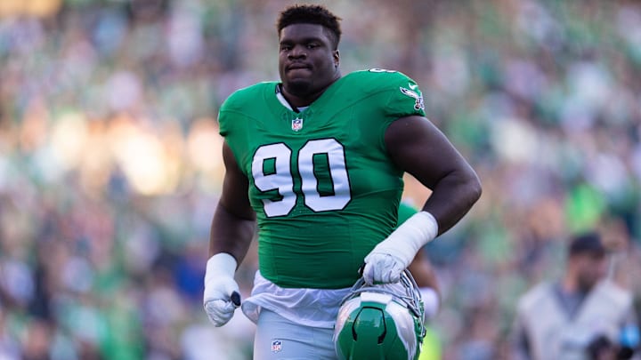 Nov 3, 2024; Philadelphia, Pennsylvania, USA; Philadelphia Eagles defensive tackle Jordan Davis (90) in a game against the Jacksonville Jaguars at Lincoln Financial Field. Nov 3, 2024; Philadelphia, Pennsylvania, USA; Philadelphia Eagles defensive tackle Jordan Davis (90) in a game against the Jacksonville Jaguars at Lincoln Financial Field.