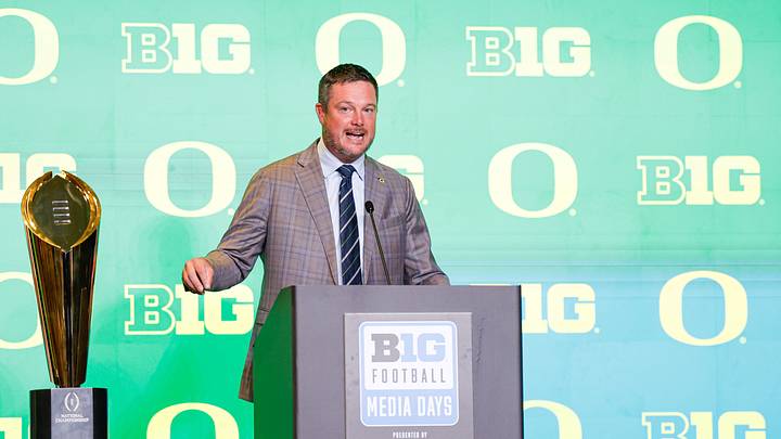 Jul 29, 2026; Chicago, IL, USA; Oregon Football head coach Dan Lanning speaks during Big Ten Media Days at Hilton Chicago. Mandatory Credit: Kamil Krzaczynski-Imagn Images