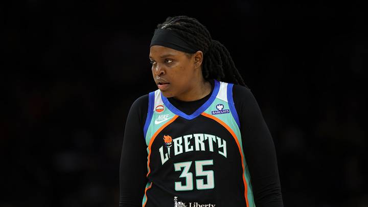 Aug 1, 2026; Phoenix, Arizona, USA; New York Liberty center Jonquel Jones (35) against the Phoenix Mercury at Mortgage Matchup Center. Mandatory Credit: Mark J. Rebilas-Imagn Images Aug 1, 2026; Phoenix, Arizona, USA; New York Liberty center Jonquel Jones (35) against the Phoenix Mercury at Mortgage Matchup Center. Mandatory Credit: Mark J. Rebilas-Imagn Images