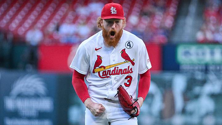 Jun 2, 2026; St. Louis, Missouri, USA; St. Louis Cardinals starting pitcher Dustin May (3) reacts after stranding a runner at third and striking out Texas Rangers first baseman Jake Burger (not pictured) to end the first inning at Busch Stadium. Mandatory Credit: Jeff Curry-Imagn Images Jun 2, 2026; St. Louis, Missouri, USA; St. Louis Cardinals starting pitcher Dustin May (3) reacts after stranding a runner at third and striking out Texas Rangers first baseman Jake Burger (not pictured) to end the first inning at Busch Stadium. Mandatory Credit: Jeff Curry-Imagn Images