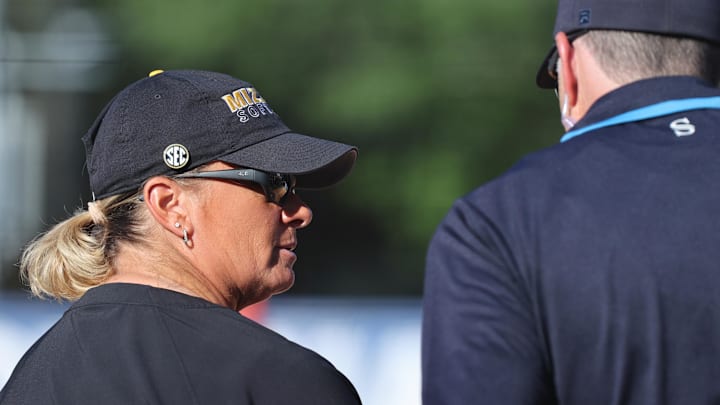 May 9, 2024; Auburn, AL, USA;  Missouri Tigers head coach Larissa Anderson speaks with an umpire during the game against the Florida Gators in the SEC Softball Championship game at Jane B. Moore Field. Mandatory Credit: John Reed-USA TODAY Sports