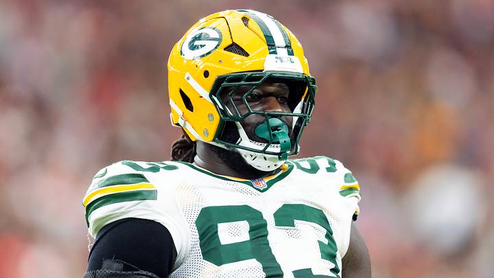 Oct 19, 2025; Glendale, Arizona, USA; Green Bay Packers defensive lineman Nazir Stackhouse (93) against the Arizona Cardinals at State Farm Stadium. Mandatory Credit: Mark J. Rebilas-Imagn Images