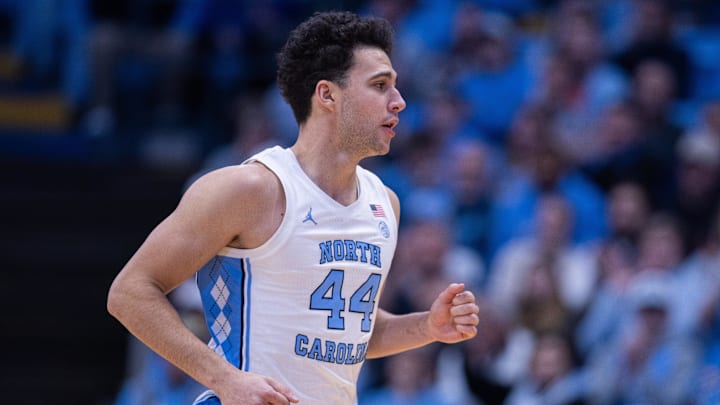Dec 22, 2025; Chapel Hill, North Carolina, USA; North Carolina Tar Heels guard Luka Bogavac (44) runs back during the first half against the East Carolina Pirates at Dean E. Smith Center. Mandatory Credit: Scott Kinser-Imagn Images