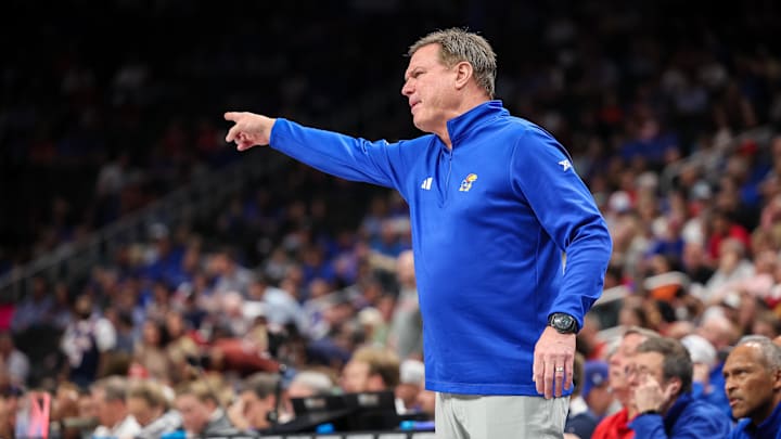 Mar 13, 2025; Kansas City, MO, USA; Kansas Jayhawks coach Bill Self reacts to game play during the second half against the Arizona Wildcats at T-Mobile Center. Mandatory Credit: William Purnell-Imagn Images