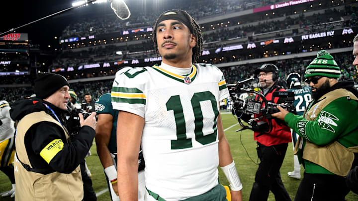 Jan 12, 2025; Philadelphia, Pennsylvania, USA; Green Bay Packers quarterback Jordan Love (10) on the field after loss to the Philadelphia Eagles in an NFC wild card game at Lincoln Financial Field. Mandatory Credit: Eric Hartline-Imagn Images