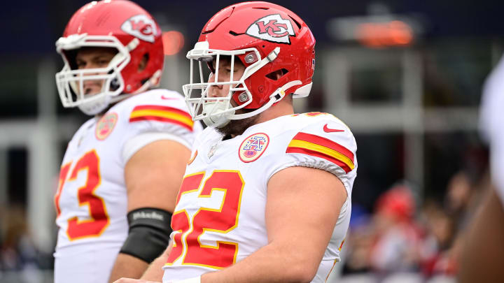 Dec 17, 2023; Foxborough, Massachusetts, USA; Kansas City Chiefs center Creed Humphrey (52) warms up before a game against the New England Patriots at Gillette Stadium. Mandatory Credit: Eric Canha-USA TODAY Sports