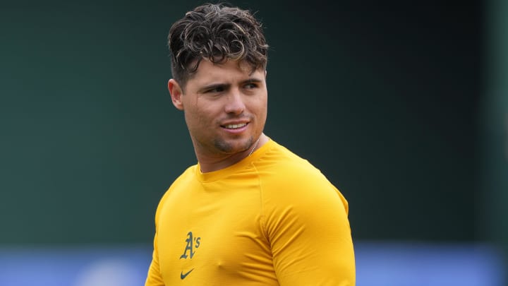 Sep 17, 2023; Oakland, California, USA; Oakland Athletics shortstop Aledmys Diaz (12) before the game against the San Diego Padres at Oakland-Alameda County Coliseum. Mandatory Credit: Darren Yamashita-USA TODAY Sports