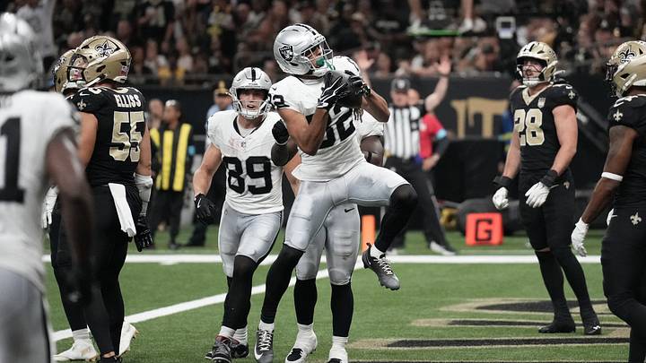 Sep 27, 2026; New Orleans, Louisiana, USA; Las Vegas Raiders wide receiver Cody White (82) celebrates scoring a touchdown in the fourth quarter against the New Orleans Saints at Caesars Superdome. Mandatory Credit: Matthew Hinton-Imagn Images Sep 27, 2026; New Orleans, Louisiana, USA; Las Vegas Raiders wide receiver Cody White (82) celebrates scoring a touchdown in the fourth quarter against the New Orleans Saints at Caesars Superdome. Mandatory Credit: Matthew Hinton-Imagn Images