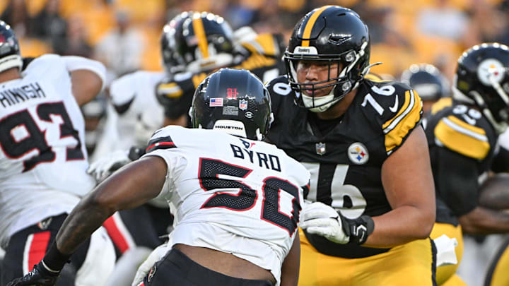 Pittsburgh Steelers offensive tackle Troy Fautanu (76), the former Husky standout, blocks Houston Texans defensive end Solomon Byrd (50). Pittsburgh Steelers offensive tackle Troy Fautanu (76), the former Husky standout, blocks Houston Texans defensive end Solomon Byrd (50).