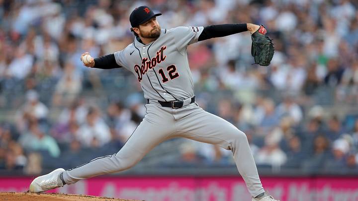 Detroit Tigers starting pitcher Casey Mize (12) pitches against the New York Yankees. Detroit Tigers starting pitcher Casey Mize (12) pitches against the New York Yankees.