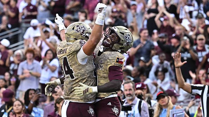 Oct 3, 2026; College Station, Texas, USA; Texas A&M Aggies running back KJ Edwards (0) celebrates after scoreing a touchdown with tight end Richie Anderson III (84) during the first quarter against the Arkansas Razorbacks at Kyle Field. Mandatory Credit: Maria Lysaker-Imagn Images Oct 3, 2026; College Station, Texas, USA; Texas A&M Aggies running back KJ Edwards (0) celebrates after scoreing a touchdown with tight end Richie Anderson III (84) during the first quarter against the Arkansas Razorbacks at Kyle Field. Mandatory Credit: Maria Lysaker-Imagn Images