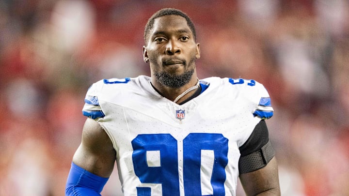 October 8, 2023; Santa Clara, California, USA; Dallas Cowboys defensive end DeMarcus Lawrence (90) after the game against the San Francisco 49ers at Levi's Stadium. Mandatory Credit: Kyle Terada-Imagn Images