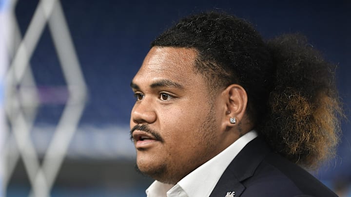Jul 24, 2024; Indianapolis, IN, USA; UCLA Bruins defensive lineman Jay Toia speaks to the media during the Big 10 football media day at Lucas Oil Stadium. Mandatory Credit: Robert Goddin-Imagn Images