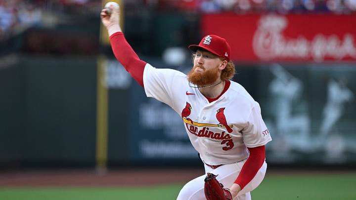 Jul 29, 2026; St. Louis, Missouri, USA; St. Louis Cardinals starting pitcher Dustin May (3) pitches against the Chicago Cubs in the first inning at Busch Stadium. Mandatory Credit: Joe Puetz-Imagn Images