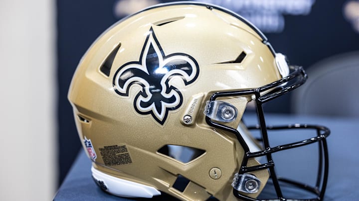 Detailed view of New Orleans Saints helmet 