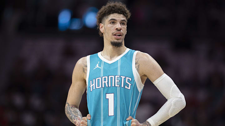 Charlotte Hornets guard LaMelo Ball (1) stands on the court during the first quarter against the Miami Heat at Spectrum Center. Mandatory Credit: Nell Redmond-Imagn Images