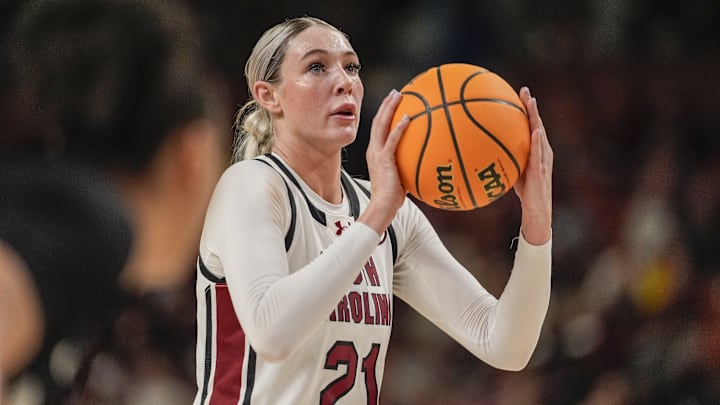 Mar 7, 2025; Greenville, SC, USA; South Carolina Gamecocks forward Chloe Kitts (21) shoots a free throw against the Vanderbilt Commodores during the second half at Bon Secours Wellness Arena. Mandatory Credit: Jim Dedmon-Imagn Images