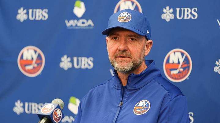 Apr 11, 2026; Elmont, New York, USA; New York Islanders head coach Peter DeBoer speaks to the media before their game against the Ottawa Senators at UBS Arena. Mandatory Credit: Alexander Wohl-Imagn Images Apr 11, 2026; Elmont, New York, USA; New York Islanders head coach Peter DeBoer speaks to the media before their game against the Ottawa Senators at UBS Arena. Mandatory Credit: Alexander Wohl-Imagn Images