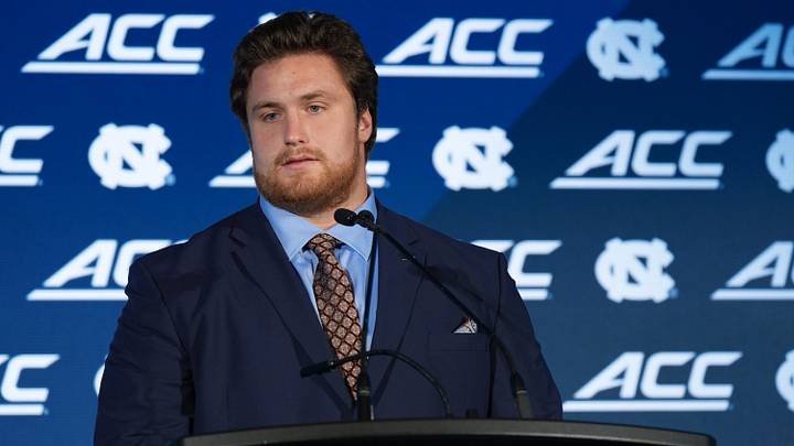 Jul 17, 2026; Charlotte, NC, USA; North Carolina offensive lineman Christo Kelly, talks with the media during interviews at Hilton Charlotte Uptown. Mandatory Credit: Jim Dedmon-Imagn Images