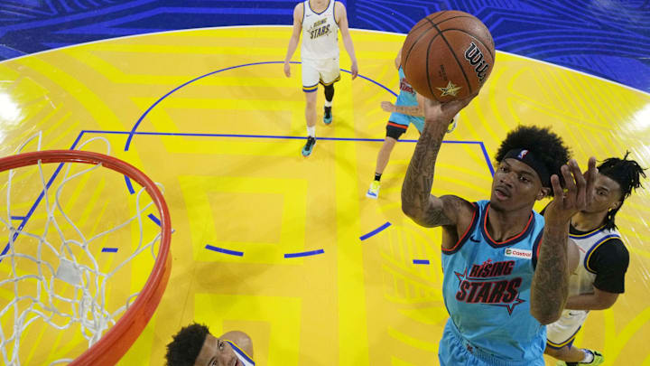 February 14, 2025; San Francisco, California, USA; Team G-League guard Dink Pate (1) of the Mexico City Capitanes shoots the ball against Team C during the 2025 NBA Rising Stars Game at Chase Center. Mandatory Credit: Kyle Terada-Imagn Images