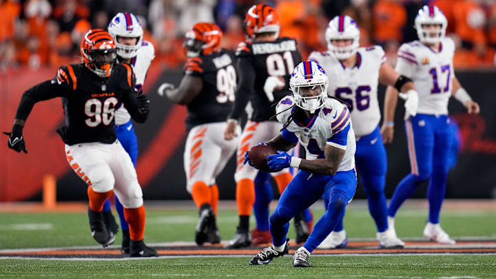 Buffalo Bills running back James Cook (4) breaks away after catching a pass in the third quarter of the NFL Week 9 game between the Cincinnati Bengals and the Buffalo Bills at Paycor Stadium in Cincinnati on Sunday, Nov. 5, 2023. Buffalo Bills running back James Cook (4) breaks away after catching a pass in the third quarter of the NFL Week 9 game between the Cincinnati Bengals and the Buffalo Bills at Paycor Stadium in Cincinnati on Sunday, Nov. 5, 2023.