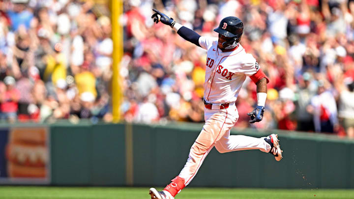 Jul 13, 2025; Boston, Massachusetts, USA; Boston Red Sox outfielder Ceddanne Rafaela (3) reacts after hitting a two-run home run against the Tampa Bay Rays during the sixth inning  at Fenway Park. Mandatory Credit: Brian Fluharty-Imagn Images