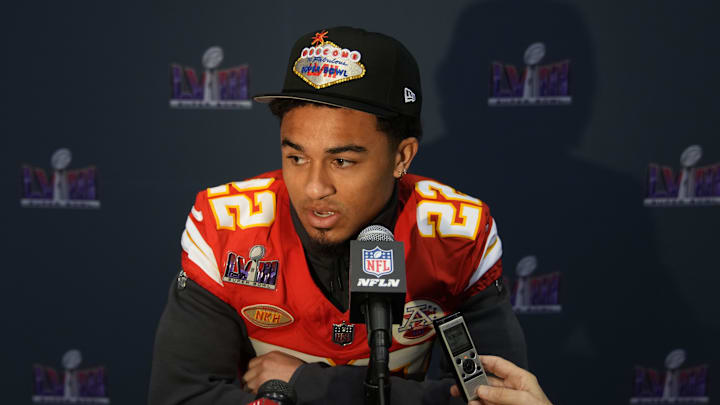 Feb 8, 2024; Las Vegas, NV, USA; Kansas City Chiefs cornerback Trent McDuffie (22) during a press conference before Super Bowl LVIII at Westin Lake Las Vegas Resort and Spa. Mandatory Credit: Kyle Terada-Imagn Images