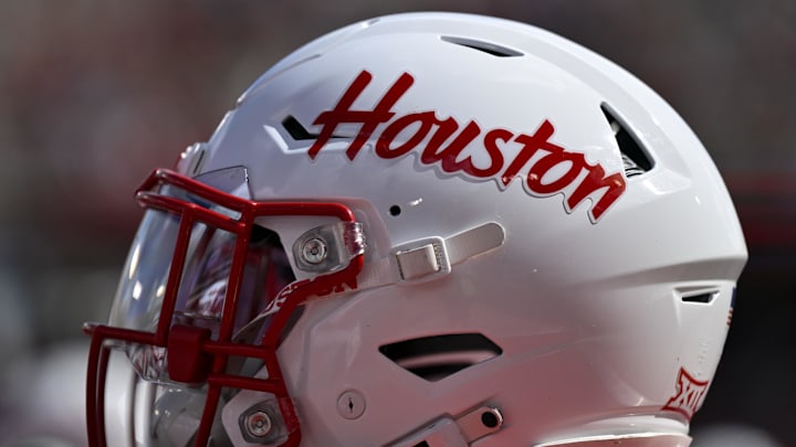 Oct 18, 2025; Houston, Texas, USA; A detail view of a Houston Cougars helmet on the sideline during the first half against the Arizona Wildcats at TDECU Stadium. Mandatory Credit: Maria Lysaker-Imagn Images Oct 18, 2025; Houston, Texas, USA; A detail view of a Houston Cougars helmet on the sideline during the first half against the Arizona Wildcats at TDECU Stadium. Mandatory Credit: Maria Lysaker-Imagn Images