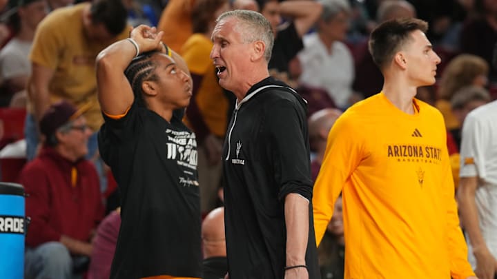 Feb 26, 2025; Tempe, Arizona, USA; Arizona State Sun Devils head coach Bobby Hurley reacts against the Brigham Young Cougars during the second half at Desert Financial Arena. Mandatory Credit: Joe Camporeale-Imagn Images