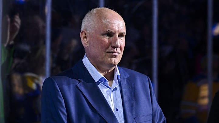 Mar 25, 2024; St. Louis, Missouri, USA;  St. Louis Blues general manager Doug Armstrong looks on before a game against the Vegas Golden Knights at Enterprise Center. Mandatory Credit: Jeff Curry-Imagn Images