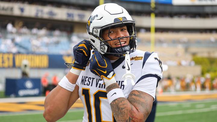 Sep 5, 2026; Morgantown, West Virginia, USA; West Virginia Mountaineers tight end Cam Ball (10) runs off the field during the second quarter against the Coastal Carolina Chanticleers at Milan Puskar Stadium. Mandatory Credit: Ben Queen-Imagn Images