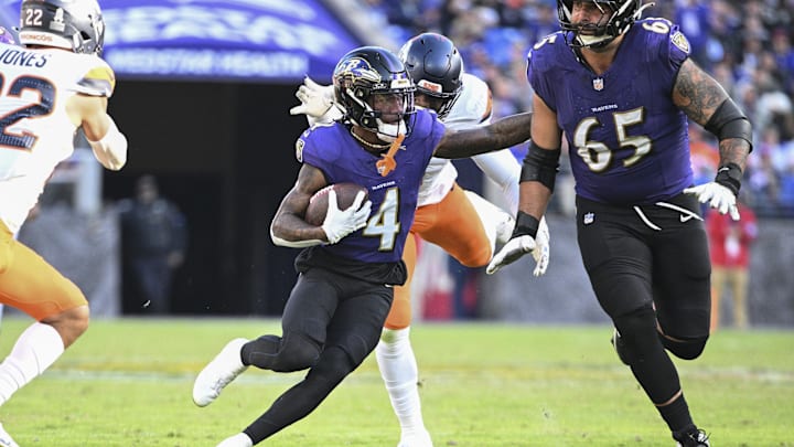 Nov 3, 2024; Baltimore, Maryland, USA;  Baltimore Ravens wide receiver Zay Flowers (4) runs after the catch during the second half against the Denver Broncos at M&T Bank Stadium. Mandatory Credit: Tommy Gilligan-Imagn Images