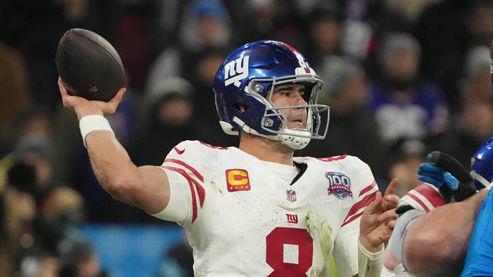 Nov 10, 2024; Munich, Germany; New York Giants quarterback Daniel Jones (8) throws the ball against the Carolina Panthers  in the second half during the 2024 NFL Munich Game at Allianz Arena. 