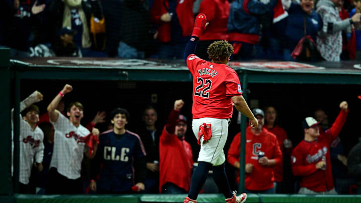 Oct 19, 2024; Cleveland, Ohio, USA; Cleveland Guardians first base Josh Naylor (22) celebrates after scoring a run during the second inning against the New York Yankees during game five of the ALCS for the 2024 MLB playoffs at Progressive Field.