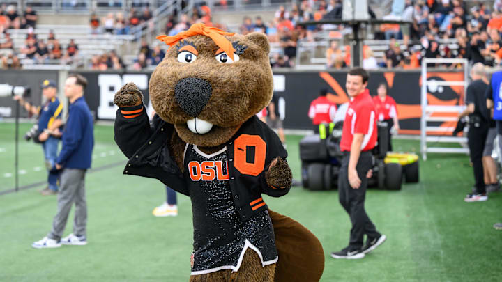 Aug 30, 2025; Corvallis, Oregon, USA; Oregon State Beavers mascot Bernice Beaver on the field before the game against the California Golden Bears at Reser Stadium. Mandatory Credit: Craig Strobeck-Imagn Images