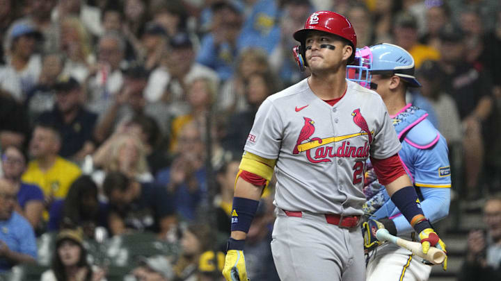 Sep 12, 2025; Milwaukee, Wisconsin, USA; St. Louis Cardinals outfielder Lars Nootbaar (21) strikes out against the Milwaukee Brewers in the fourth inning at American Family Field. Mandatory Credit: Michael McLoone-Imagn Images Sep 12, 2025; Milwaukee, Wisconsin, USA; St. Louis Cardinals outfielder Lars Nootbaar (21) strikes out against the Milwaukee Brewers in the fourth inning at American Family Field. Mandatory Credit: Michael McLoone-Imagn Images