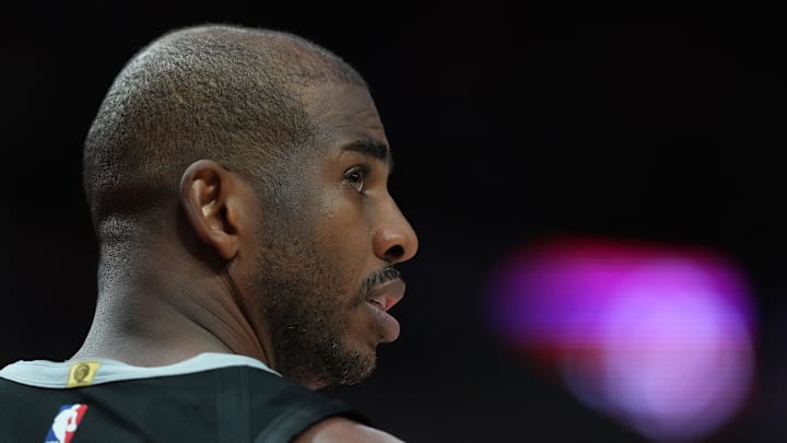 Apr 6, 2025; Portland, Oregon, USA; San Antonio Spurs point guard Chris Paul (3) looks on during the second half against the Portland Trail Blazers at Moda Center. Mandatory Credit: Soobum Im-Imagn Images Apr 6, 2025; Portland, Oregon, USA; San Antonio Spurs point guard Chris Paul (3) looks on during the second half against the Portland Trail Blazers at Moda Center. Mandatory Credit: Soobum Im-Imagn Images