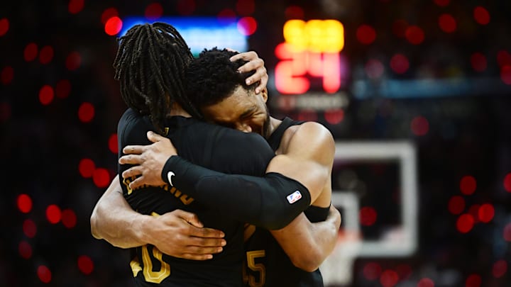 May 5, 2024; Cleveland, Ohio, USA; Cleveland Cavaliers guard Donovan Mitchell (45) celebrates with