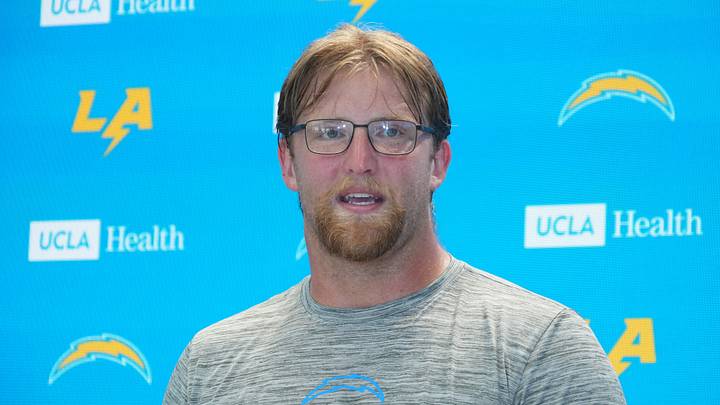 Aug 18, 2026; El Segundo, CA, USA; Los Angeles Chargers center Jake Slaughter (66) at press conference during joint practice with the San Francisco 49ers at The Bolt. Mandatory Credit: Kirby Lee-Imagn Images