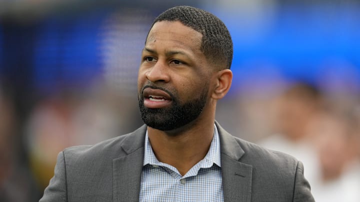 Dec 3, 2023; Inglewood, California, USA; Cleveland Browns general manager Andrew Berry reacts during the game against the Los Angeles Rams at SoFi Stadium. Mandatory Credit: Kirby Lee-Imagn Images