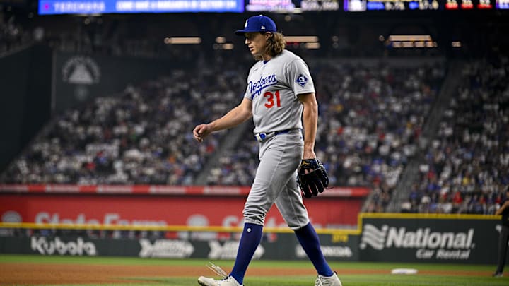 Apr 20, 2025; Arlington, Texas, USA; Los Angeles Dodgers starting pitcher Tyler Glasnow (31) comes off the field during the game between the Texas Rangers and the Los Angeles Dodgers at Globe Life Field. Mandatory Credit: Jerome Miron-Imagn Images Apr 20, 2025; Arlington, Texas, USA; Los Angeles Dodgers starting pitcher Tyler Glasnow (31) comes off the field during the game between the Texas Rangers and the Los Angeles Dodgers at Globe Life Field. Mandatory Credit: Jerome Miron-Imagn Images