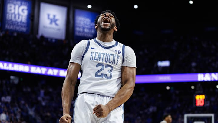 Feb 7, 2026; Lexington, Kentucky, USA; Kentucky Wildcats forward Mouhamed Dioubate (23) celebrates after dunking the ball against the Tennessee Volunteers at Rupp Arena at Central Bank Center. Mandatory Credit: Jordan Prather-Imagn Images