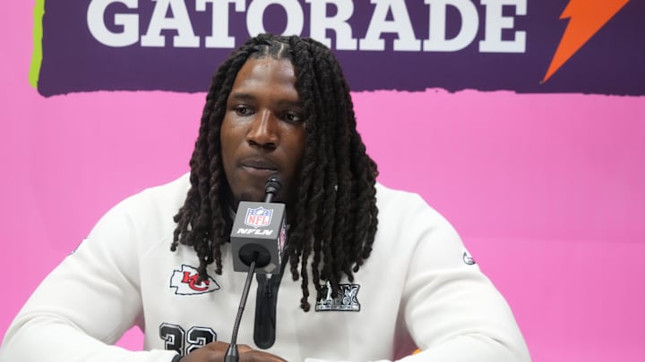 Feb 3, 2025; New Orleans, LA, USA; Kansas City Chiefs linebacker Nick Bolton (32) during Super Bowl LIX Opening Night at Ceasars Superdome. Mandatory Credit: Kirby Lee-Imagn Images Feb 3, 2025; New Orleans, LA, USA; Kansas City Chiefs linebacker Nick Bolton (32) during Super Bowl LIX Opening Night at Ceasars Superdome. Mandatory Credit: Kirby Lee-Imagn Images