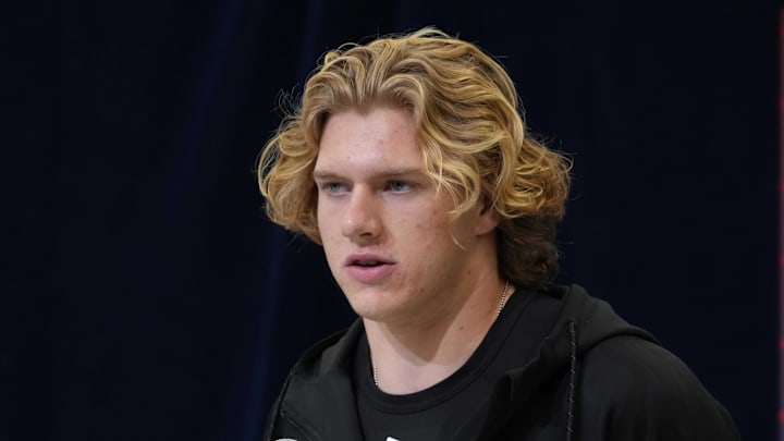 Feb 26, 2025; Indianapolis, IN, USA; UCLA linebacker Carson Schwesinger (LB25) during the 2025 NFL Scouting Combine at the Indiana Convention Center. Mandatory Credit: Kirby Lee-Imagn Images