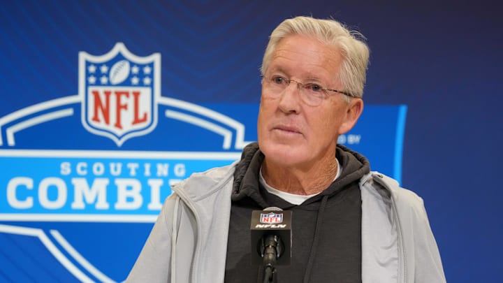 Feb 25, 2025; Indianapolis, IN, USA; Las Vegas Raiders coach Pete Carroll speaks during the NFL Scouting Combine at the Indiana Convention Center. Mandatory Credit: Kirby Lee-Imagn Images