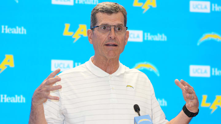 May 7, 2025; El Segundo CA, USA; Los Angeles Chargers coach Jim Harbaugh during press conference at The Bolt. Mandatory Credit: Kirby Lee-Imagn Images May 7, 2025; El Segundo CA, USA; Los Angeles Chargers coach Jim Harbaugh during press conference at The Bolt. Mandatory Credit: Kirby Lee-Imagn Images