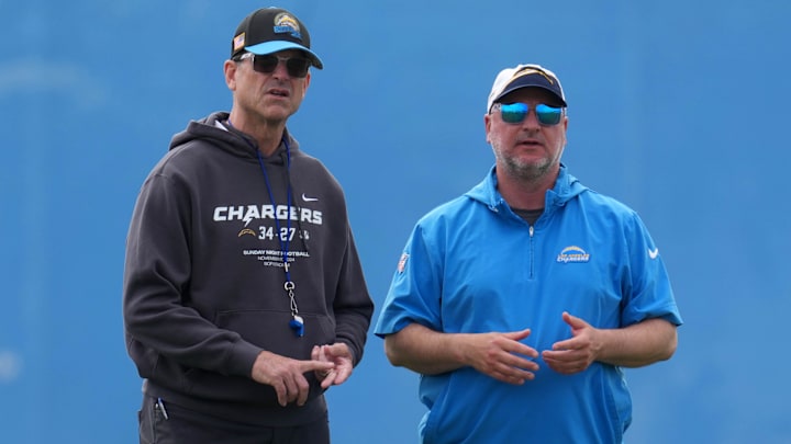 Los Angeles Chargers coach Jim Harbaugh and general manager Joe Hortiz. Los Angeles Chargers coach Jim Harbaugh and general manager Joe Hortiz.
